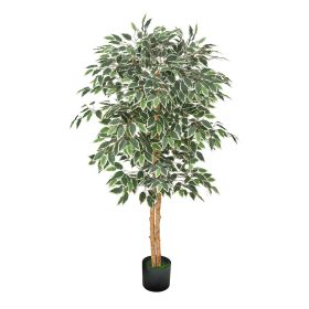 5FT Artificial Ficus Tree with Black Pot, Tall Faux Ficus Plant with Natural Wood Trunk and Realistic Green Leaves, Indoor Fake Silk Tree for Home