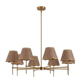 Gold Farmhouse Chandelier 8-Light Boho Pendant Lamp 38.6 in Large Rustic Rattan Chandelier Light Fixture with Height Adjustable Hanging Pole for Dinin