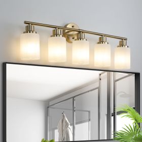 31" Modern 5-Light Vanity Wall Sconce, Golden Finish with Frosted Glass Shades for Bathroom or Hallway Lighting (No Bulbs)