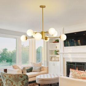 35" Modern 8-Light Gold Chandelier with White Glass Globe Shades, Mid-Century Branching Design, Elegant Ceiling Light Fixture for Dining Room