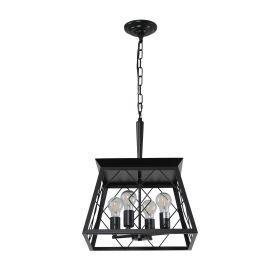 (Same as W1340111203/L1009) 16" Black Industrial 4-Light Pendant Chandelier, Modern Metal Cage Design, Adjustable Hanging Light for Dining Room
