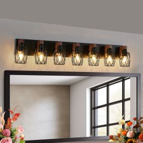 Industrial Vintage 7-Light Wall Sconce - Black Cage Wall Lighting Fixture with Wooden Accents for Bathroom, Hallway