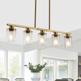 37" Modern Industrial 5-Light Chandelier with Clear Glass Shades, Golden Metal Frame Hanging Ceiling Light Fixture for Dining Room, Kitchen Island