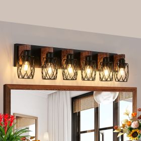 38" Industrial Vintage 6-Light Wall Sconce - Black Cage Wall Lighting Fixture with Wooden Accents for Bathroom, Hallway