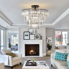 20" Black Crystal Chandelier Ceiling Light, Modern Luxury 10-Light Flush Mount Light Fixture, Elegant Home Lighting for Living Room, Dining Room