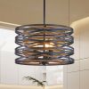 13" Rustic Industrial Pendant Light, 3-Light Black and Walnut Metal Cage Chandelier with Wood Accents for Kitchen Island and Dining Room (No Bulbs)