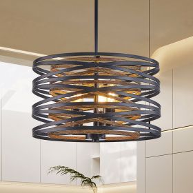 13" Rustic Industrial Pendant Light, 3-Light Black and Walnut Metal Cage Chandelier with Wood Accents for Kitchen Island and Dining Room (No Bulbs)