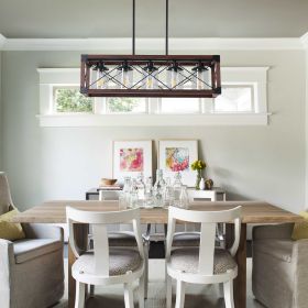 32" Red Wood Industrial Farmhouse Rectangle Pendant Light, 5-Light Chandelier with Lampshade for Dining Room, Kitchen Island, Cafe Decor (No Bulbs)