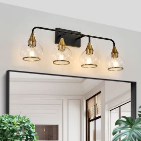 31" Modern 4-Light Vanity Wall Sconce - Black and Gold Bathroom Light Fixture with Clear Glass Shades, Industrial Wall Mounted Lamp for Mirror, Vanity