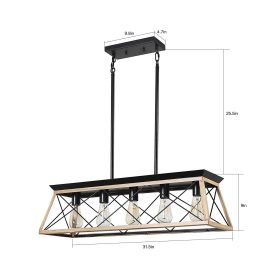 32" Oak Industrial 5-Light Pendant Chandelier, Modern Metal Cage Design, Adjustable Hanging Light for Dining Room, Kitchen, Living Room (No Bulbs)