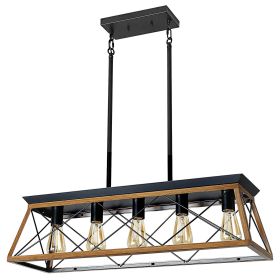 32" Walnut Industrial 5-Light Pendant Chandelier, Modern Metal Cage Design, Adjustable Hanging Light for Dining Room, Kitchen, Living Room (No Bulbs)