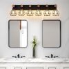 38" Modern Geometric 6-Light Vanity Light Fixture with Black Metal, Wooden Accents and Cage Lampshade for Bathroom, Bedroom