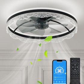 24" Quiet Ceiling Fan with Light – LED Crystal Flush Mount Fan Lamp with Hidden Blades and Natural Airflow, Perfect for Bedroom, Kids Room, Study Room