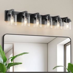 6 Light Bathroom Light Fixtures Over Mirror Bathroom Vanity Light, Black Vanity Lights with Clear Glass Shade