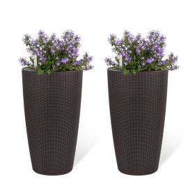 Set of 2 Faux Rattan Tall Planters Outdoor Indoor Large Planters with Water Level Monitor Inner Bucket, Automatic Watering