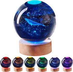 3D Large Whale Crystal Ball Night Light with Wooden Base, Underwater World Crystal Lamp Gift for Kids Wife Friends