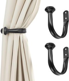 Black Curtain Tiebacks - Wall-Mounted Curtain Holdbacks, Elegant Curtain Hooks for Drapes, Curtain Holders for Wall, Tie Backs for Curtains