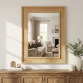 Natural Wood Color 24"x36" Rattan Rectangle Solid Wood Frame Decorative Mirror,For Farmhouse,Bathroom,Home Decor,Entryway