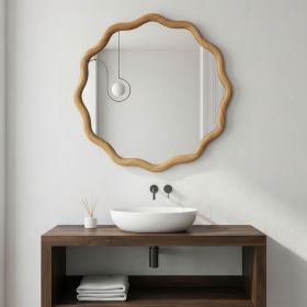 Oak Color 24 inch Wavy Round Solid Wood Frame Decorative Mirror,For Bedroom, Bathroom, Living Room, Entryway