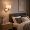 Nebula Brushed Nickel Base Wall Lamp with Rotary Switch White Fabric Shade