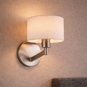 Nebula Brushed Nickel Base Wall Lamp with Rotary Switch White Fabric Shade