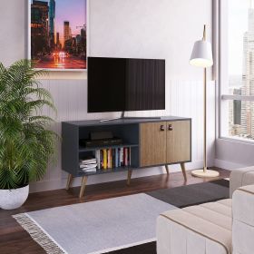 Manhattan Comfort Amber 53.7" TV Stand with Faux Leather Handles in Blue and Nature