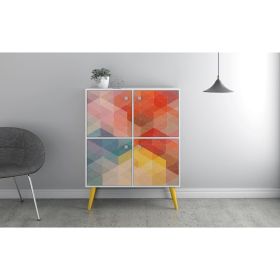 Manhattan Comfort Avesta 45.28 Mid-Century Modern High Double Cabinet with Funky Colorful Design and Solid Wood Legs in White; Color Stamp and Yellow