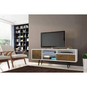 Manhattan Comfort Liberty 70.86" Mid-Century Modern TV Stand with 4 Shelving Spaces and 1 Drawer in White and Rustic Brown with Solid Wood Legs