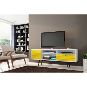 Manhattan Comfort Liberty 70.86" Mid-Century Modern TV Stand with 4 Shelving Spaces and 1 Drawer in White and Yellow with Solid Wood Legs