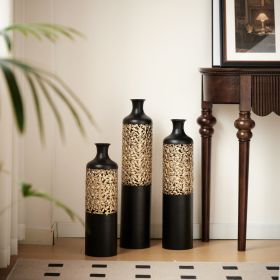3-Piece Handcrafted Metal Floor Vase Set, Black & Gold Cutout Design Tall Vases (20.8"/24.8"/28.7") for Living Room Entryway
