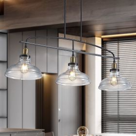 45" Industrial 3-Light Pendant Chandelier with Clear Glass Shades, Black Metal Frame, Adjustable Height, Modern Farmhouse Lighting for Kitchen Island