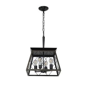 (Same as W1340111204/L1010) 16" Black Gold Industrial 4-Light Pendant Chandelier, Modern Metal Cage Design, Adjustable Hanging Light for Dining Room