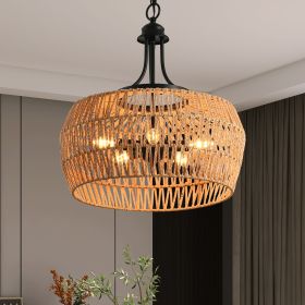 19" Boho Hemp Rope Pendant Light, Hand-Woven Jute Hanging Lamp with Adjustable Chain, Natural Rope Shade Ceiling Light Fixture for Kitchen Island