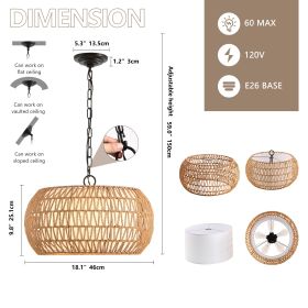 18" Farmhouse Pendant Light with Adjustable Height, Boho Woven Jute Rope Hanging Ceiling Light Fixture, E26 Base, 60W Max, Compatible with Flat