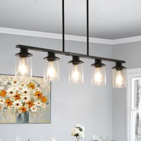 37" Modern Industrial 5-Light Chandelier with Clear Glass Shades, Matte Black Metal Frame Hanging Ceiling Light Fixture for Dining Room