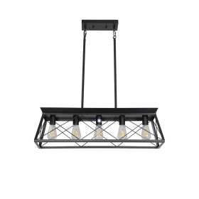 32-inch Black Industrial 5-Light Pendant Chandelier, Modern Metal Cage Design, Adjustable Hanging Light for Dining Room, Kitchen