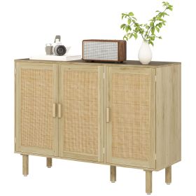 Bohemian Sideboard, 46.9" Buffet Cabinet with 3 Rattan Doors and Shelves for Living Room, Hallway, Natural