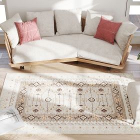 Machine Washable Area Rug 5x7, Non-Slip Boho Flannel Print Floor Carpet for Living Room, Bedroom, Dining Room, Brown