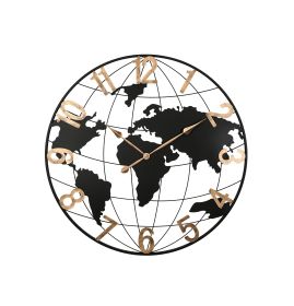 36 Inch Large Black Metal Wall Clock, Modern Silent World Map Wall Clock with Vintage Gold Arabic Numeral, Decorative for Living Room, Entryway