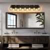 Industrial Vintage 7-Light Wall Sconce - Black Cage Wall Lighting Fixture with Wooden Accents for Bathroom, Hallway