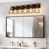 38" Modern Geometric 6-Light Vanity Light Fixture with Black Metal, Wooden Accents and Cage Lampshade for Bathroom, Bedroom