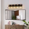 31" Modern Geometric 5-Light Vanity Light Fixture with Black Metal, Wooden Accents and Cage Lampshade for Bathroom, Bedroom