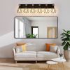 38" Modern Geometric 6-Light Vanity Light Fixture with Black Metal, Wooden Accents and Cage Lampshade for Bathroom, Bedroom