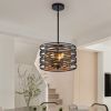 13" Rustic Industrial Pendant Light, 3-Light Black and Walnut Metal Cage Chandelier with Wood Accents for Kitchen Island and Dining Room (No Bulbs)