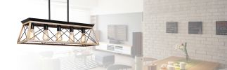 32" Oak Industrial 5-Light Pendant Chandelier, Modern Metal Cage Design, Adjustable Hanging Light for Dining Room, Kitchen, Living Room (No Bulbs)