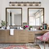 49" Farmhouse Vanity Light Fixture, 6-Light Bathroom Wall Sconce with Clear Seeded Glass Shades, Black and Wood Grain Finish