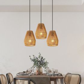 7inch Set Of 3 Rustic Hemp Rope Pendant Light, Handcrafted Farmhouse Hanging Light Fixture, Adjustable Height Ceiling Lamp For Kitchen Island, Di (Option: Wood)