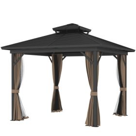 10 X 10 Hardtop Gazebo With Aluminum Frame, Metal Roof Gazebo Canopy W Hook, Curtains Included, Dark Brown (Option: Dark Brown)