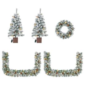 Pre-lit Holiday Christmas 4-Piece Set, Christmas Garland, Wreath And Set Of 2 Entrance Trees With Warm White LED Lights And Remote Control, Artif (Option: Defaulttitle)