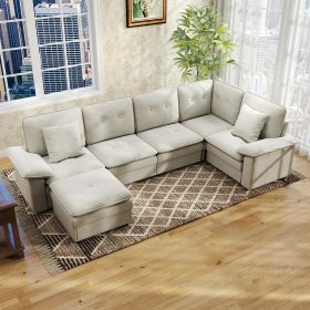 PPL Seater Modular Sectional Sofa with Movable Ottoman, Comfy Deep Seat Cloud Couch for Living Room, Apartment, Office (Beige White-2 Ottoman) (Color: Beige White)